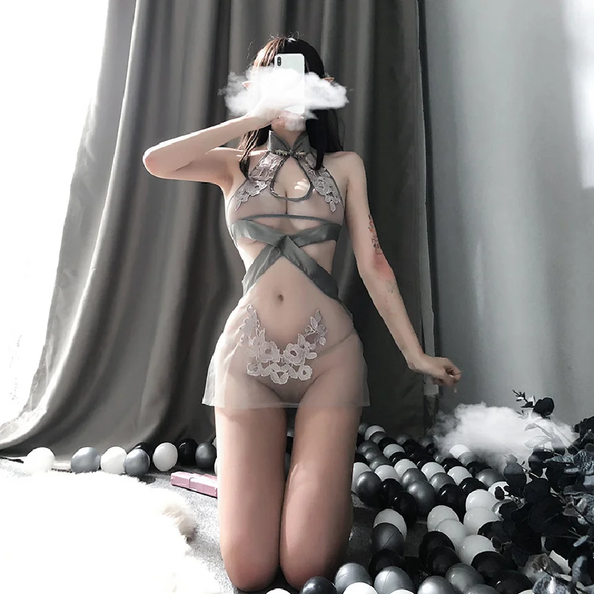 Sexy Lace Sleepwear Temptation Ultra Uniform Netting Classical Embroidery Teasing Cheongsam Set Erotic Underwear Split Design