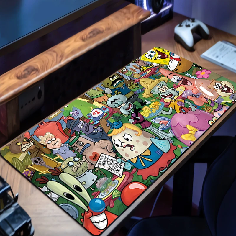 Alas Mouse Gaming Ekstra Besar dengan Tepi Jahitan, Alas Meja SpongeBob SquarePants, Alas Keyboard Komputer Anti Selip