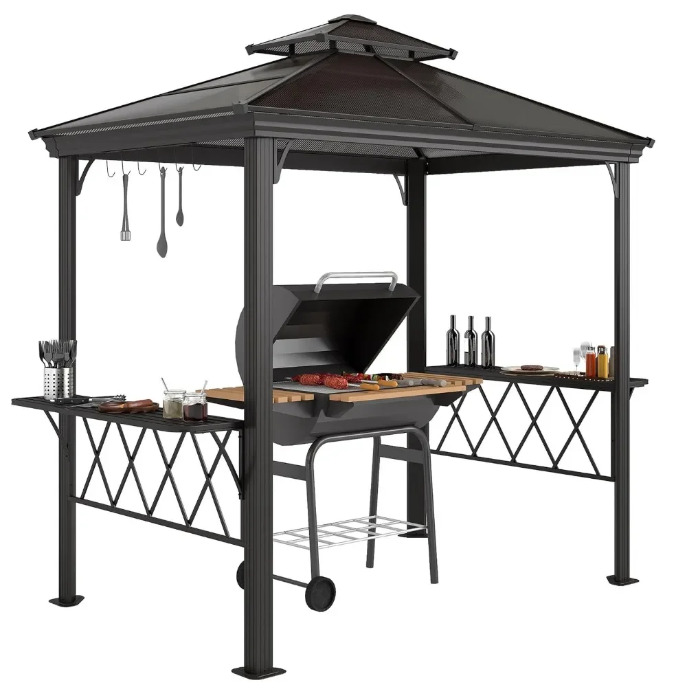 9x5 FT Grill Gazebo, Hardtop 2-Tier Polycarbonate Roof, Serving Shelves & Hooks, Outdoor BBQ Shelter, HOT