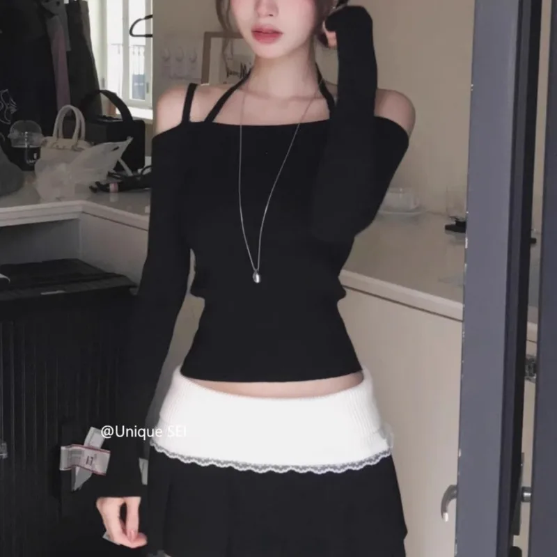 

Off Shoulder Sexy Slim Long-sleeved T-shirt Women 2025 Winter New Korean Style Fashionable Versatile Knit Tops