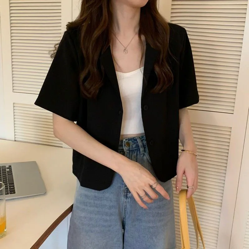 Casual Cropped White Blazers Women Korean Chic Two Buttons Suit Jacket Ladies 2024 Spring Summer Thin Short Sleeve Coats Woman