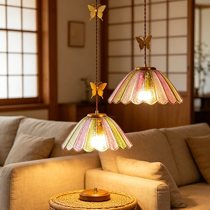 

Retro Colored Glass Hanging Ceiling Lamp E27 Aluminum Copper Lighting Fixture Butterfly Home Decor LED Pendant Light