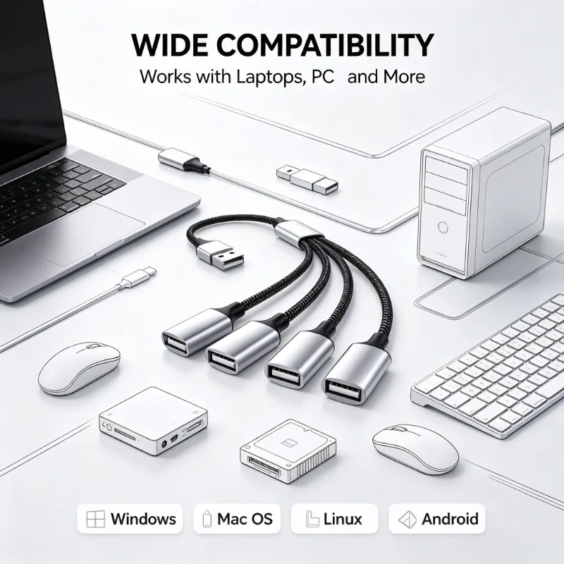 Durable Braided USB 1‑to‑4 Splitter Cable Shell 4‑Port USB Hub Adapter, Multi‑Port USB Expander Plug and Play for Windows Mac OS