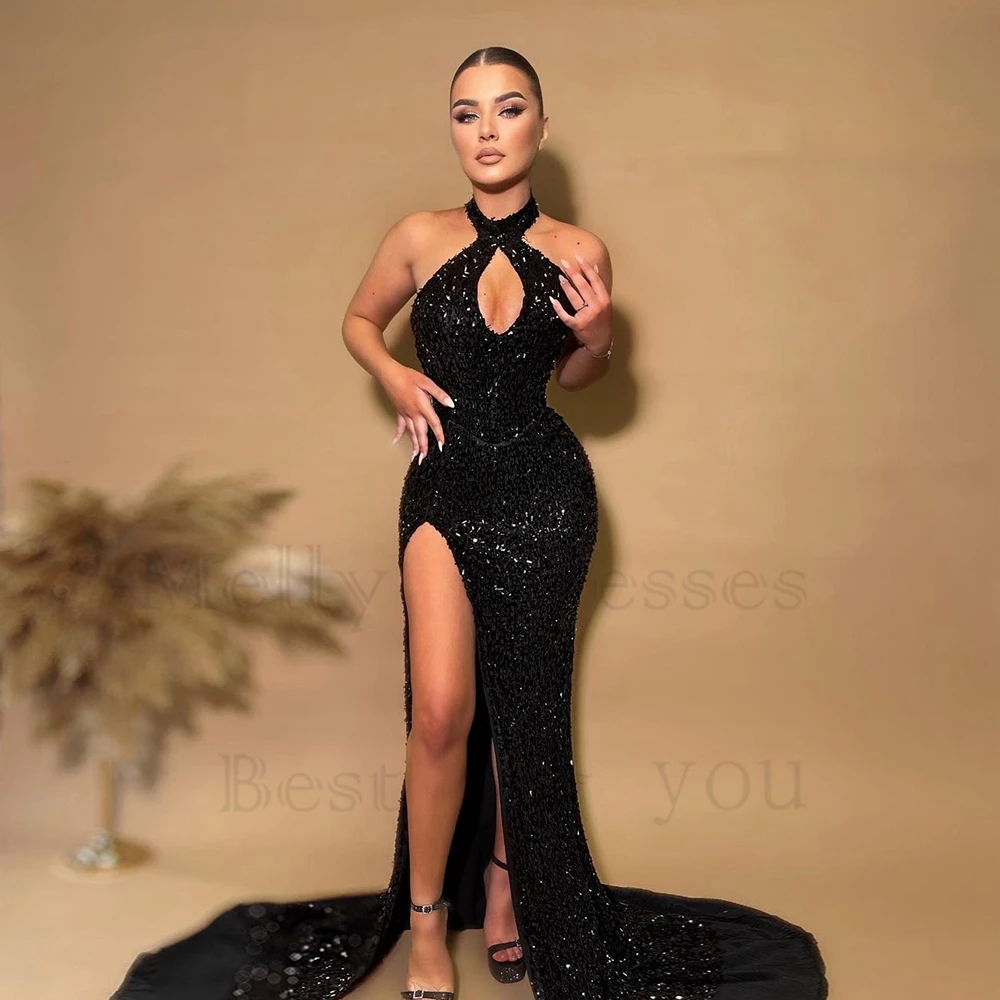 

Halter Black Evening Dresses for Women Side Slit Sequined Prom Gowns 2024 Sexy Strapless Robe De Soirée New Summer Modern