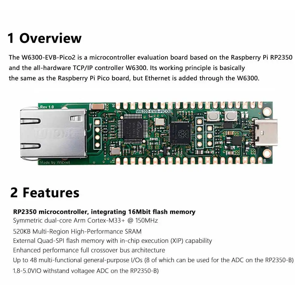 W6300-EVB-Pico2 RP2350 Ethernet Development Board W6300 Hardwired TCP/IP RJ45 10/100M 16Mbit Flash for Raspberry Pi Pico 2 IoT