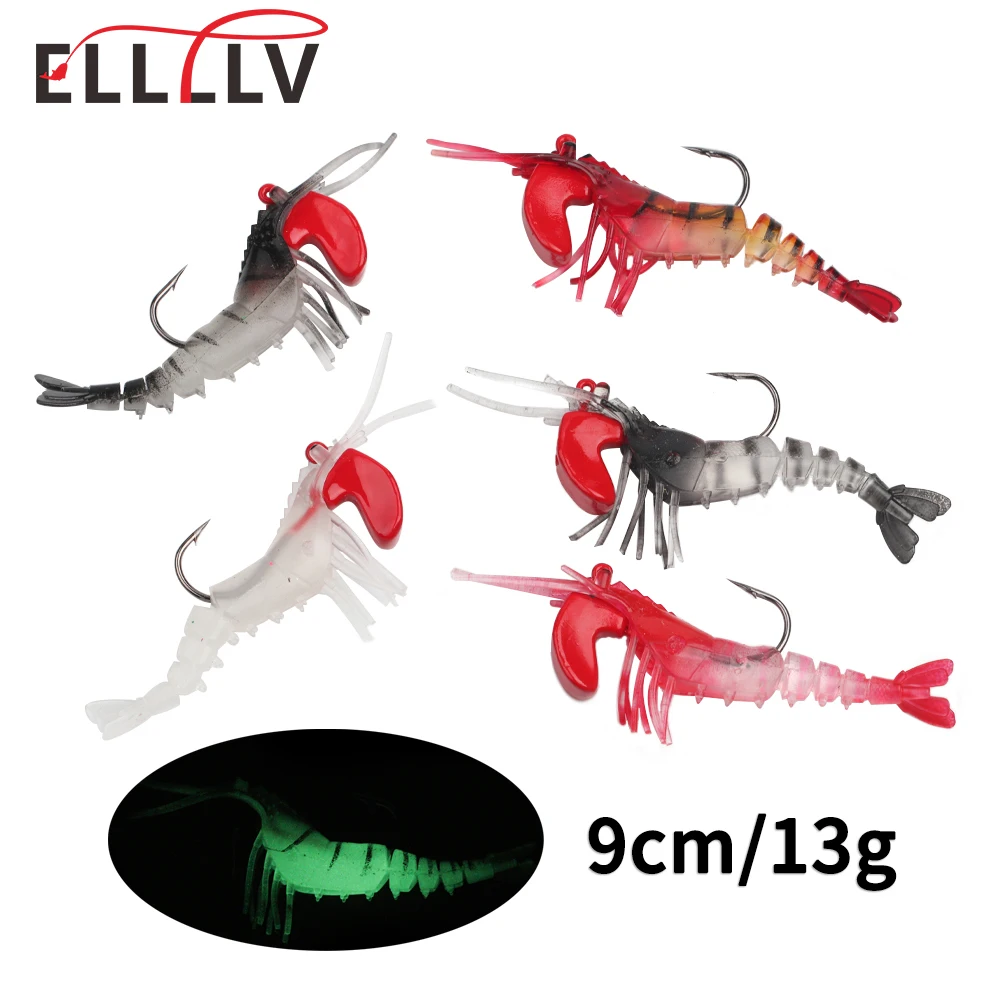 Elllv 9cm/13g Weighted Jig Head Shrimp Lure Multi-section Luminous Soft Prawns Sea Bass Pike Inshore Fishing Artificial Bait