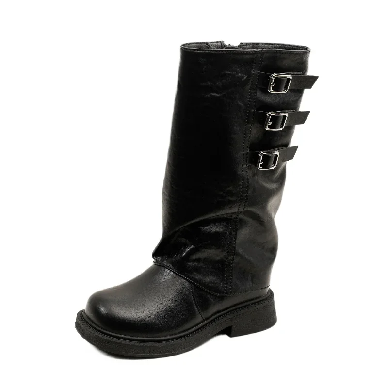 Winter Children's Boys Girls Fashion Round Toe High Leather Boots Kids Toddler Leather Buckle Plus Fleece Boots