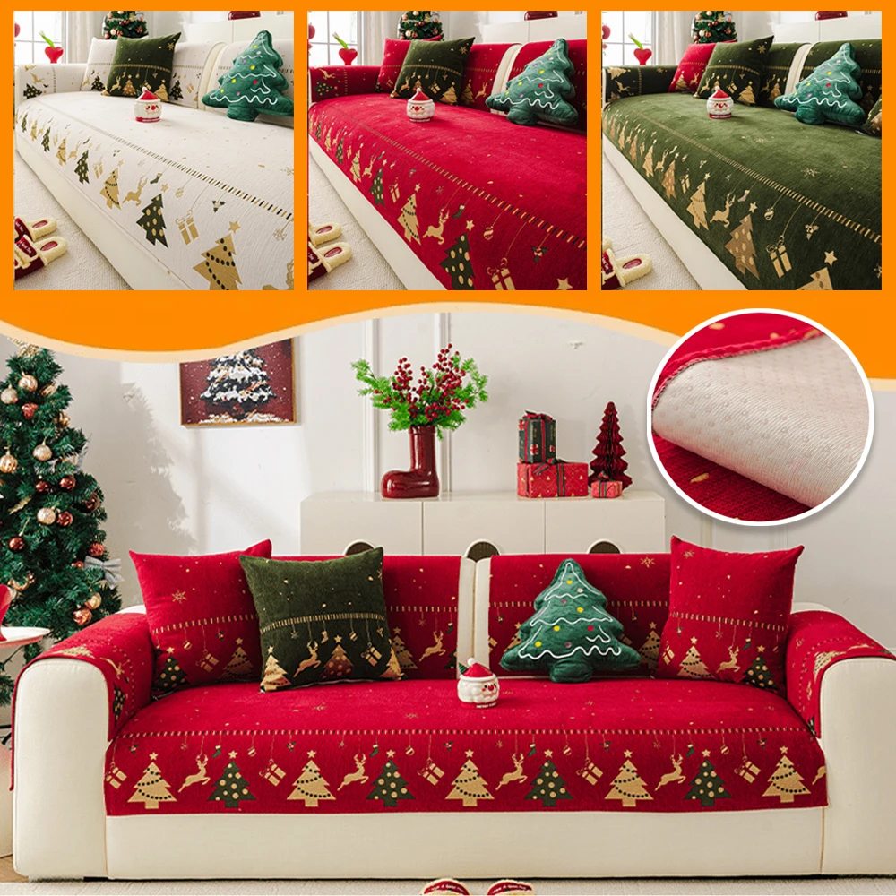 

2026 Chenille Christmas Sofa Mat Cover Christmas Tree Deer Pattern Sofa Cover Anti-Slip Fully Covered Sofa Covers Fabric Navidad