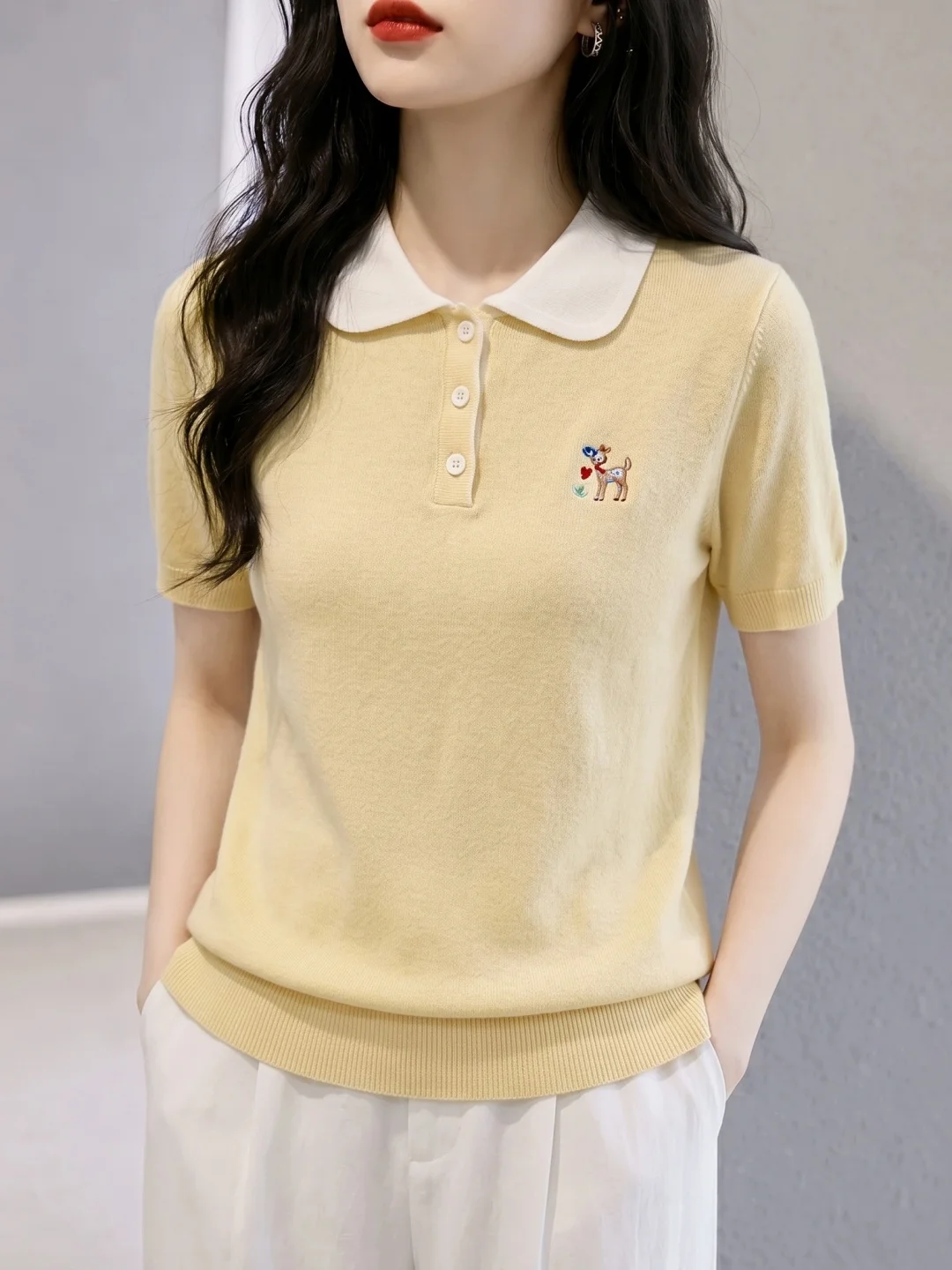 

Korean Style Ice Silk Knitted Short Sleeve Collar Color Block Design Sensation Unique Fashion Top Women's Summer Clothes
