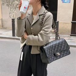 Autumn Winter Vintage Short Tweed Blazer Coat Jacket for Women Contrasting Lines Single Breasted Slim Overcoat Outerwears