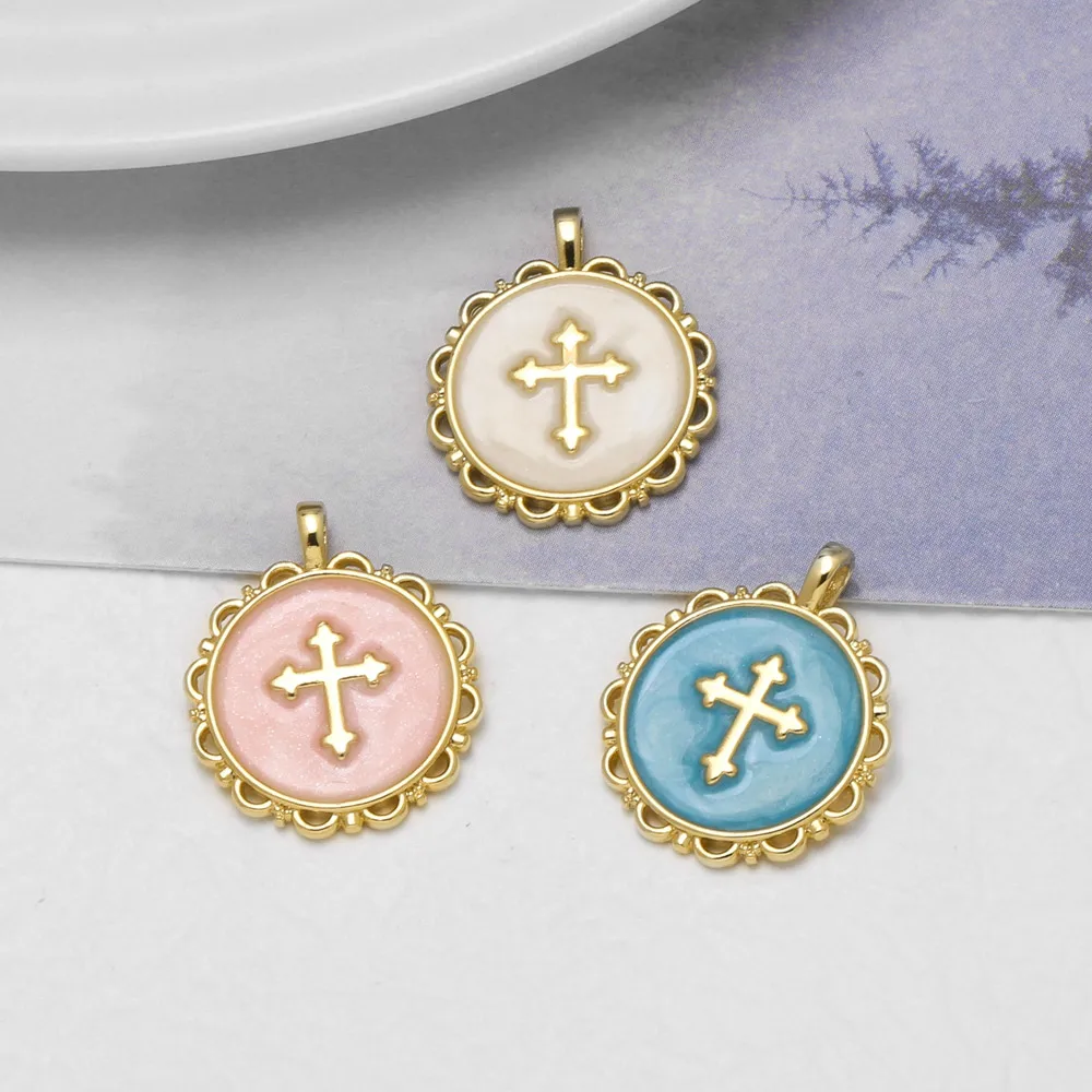 OCESRIO Multicolor Enamel Round Cross Medal Pendant for Necklace Copper Gold Plated Jewelry Making Component Wholesale pdtc106