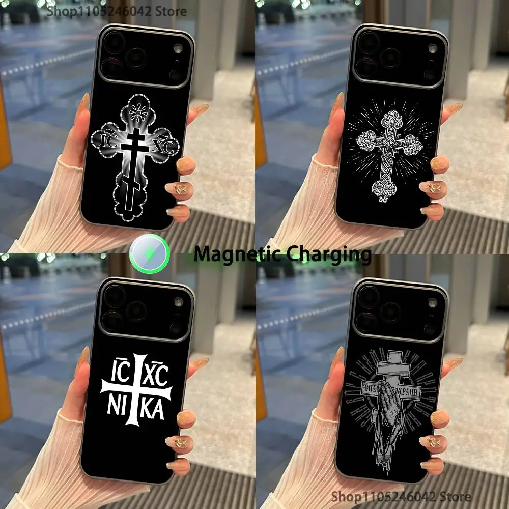

Orthodox Cross Icon For iPhone 17,16,15,14,13,12,11,Pro,Max,Plus Magnetic Wireless Charging Transparent gray Phone Case