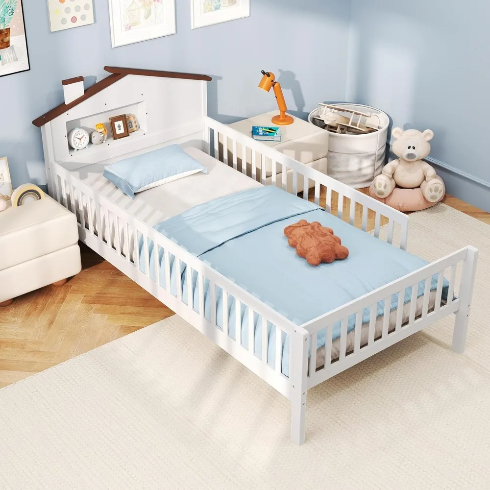 

Giantex Twin Kids Bed Frame Solid Wood Montessori Bed With Guardrails House Shaped Headboard Built In Storage No Box Spring