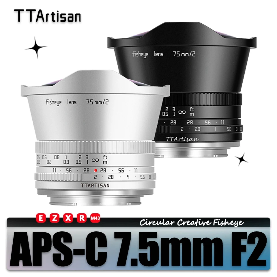 TTArtisan APS-C 7.5mm F2 Fisheye Portrait Photography Mirrorless Camera Lens for Canon M50 Leica T Sigma FP Fuji XS10 Sony A7