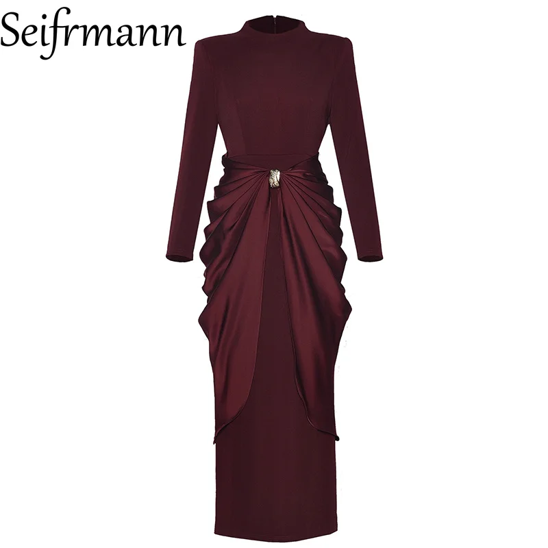 Seifrmann 2026 春の女性の新しいファッショナブルなラウンドネック長袖折り畳まれた気質ウエストバッグヒップドレス