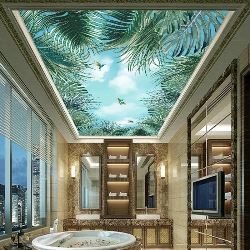 Custom Tropical Sky Wall Murals 3D Wallpaper - Leaves Birds Cloud Ceiling Design Wall Coverings Home Interior Decor Background