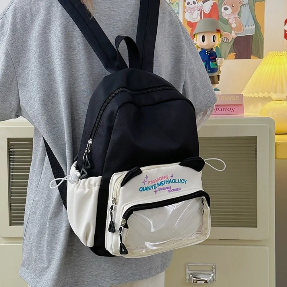

Multiple Pockets Transparent Pocket Backpack Color Matching Adjustable Straps Student School Bag Shoulders Bag Nylon