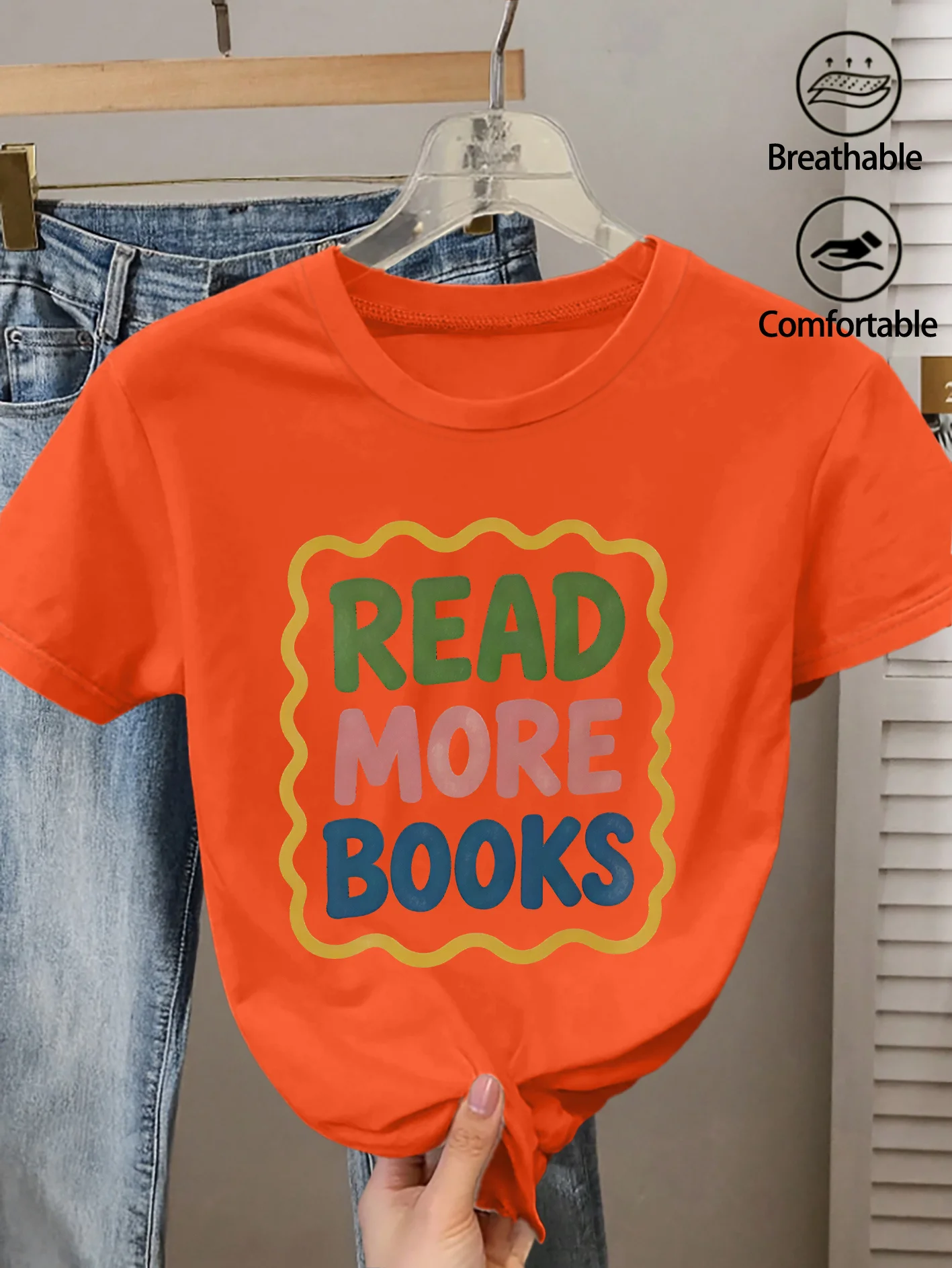 Ladies' Round Neck Read More Books Colorful Text Printed T-shirt with Fun and Quirky Design Daily Playful and Age Reducing Top