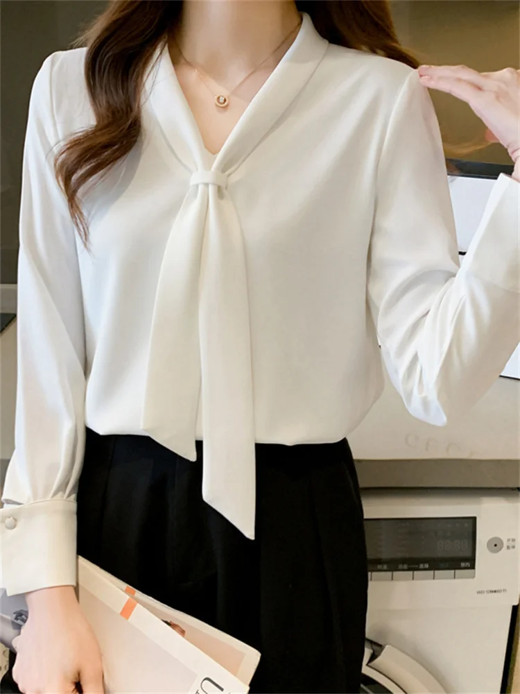 #3229 White Womens Tops And Blouses Cow Collar Office Chiffon Blouse Femme Elegant Long Sleeve Slim France Style Spring Autumn