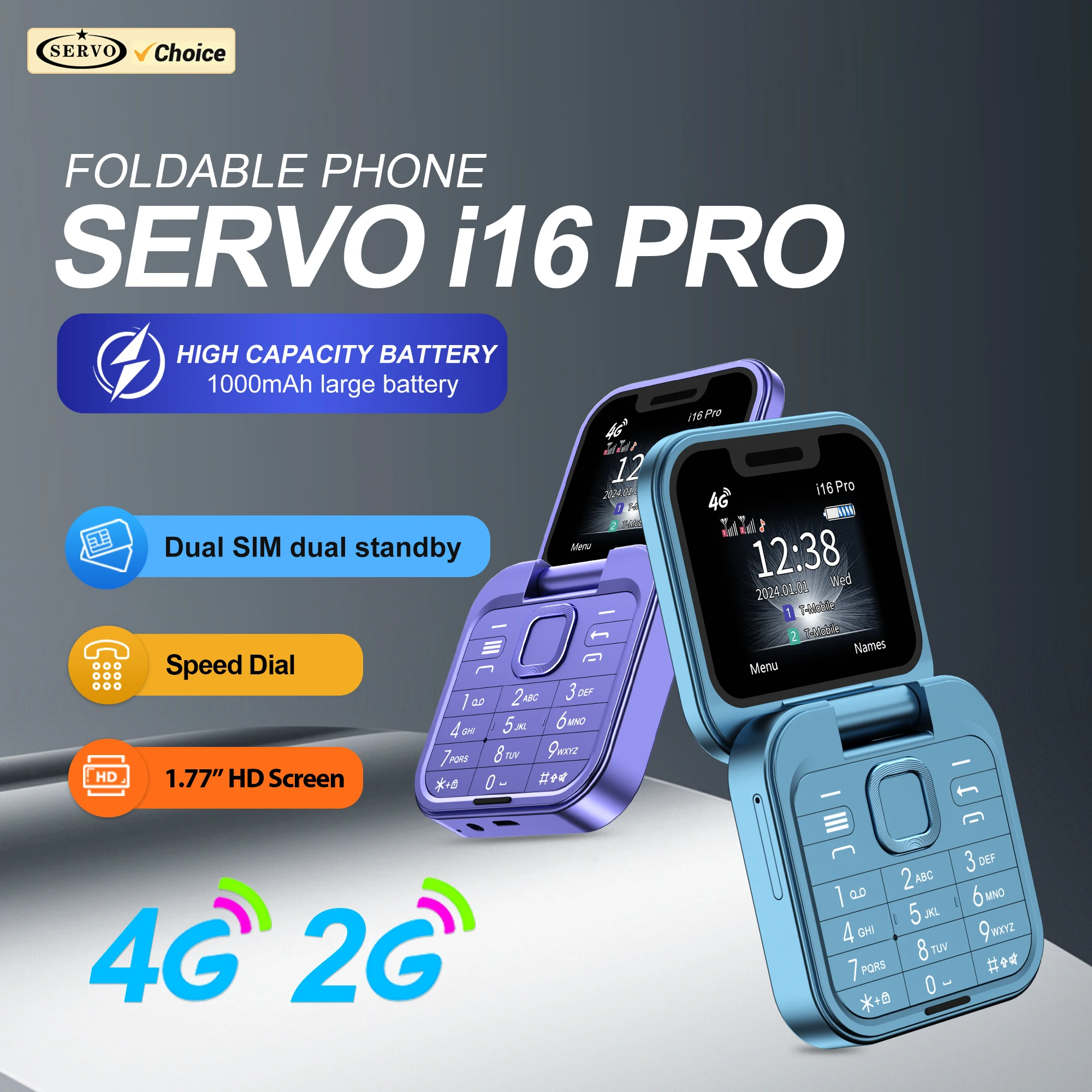 SERVO i16 PRO 2G GSM/4G LTE Mini Flip Mobile Phone Dual SIM Standby Speed Dial FM Radio Blacklist Torch Folding Pocket Cellphone