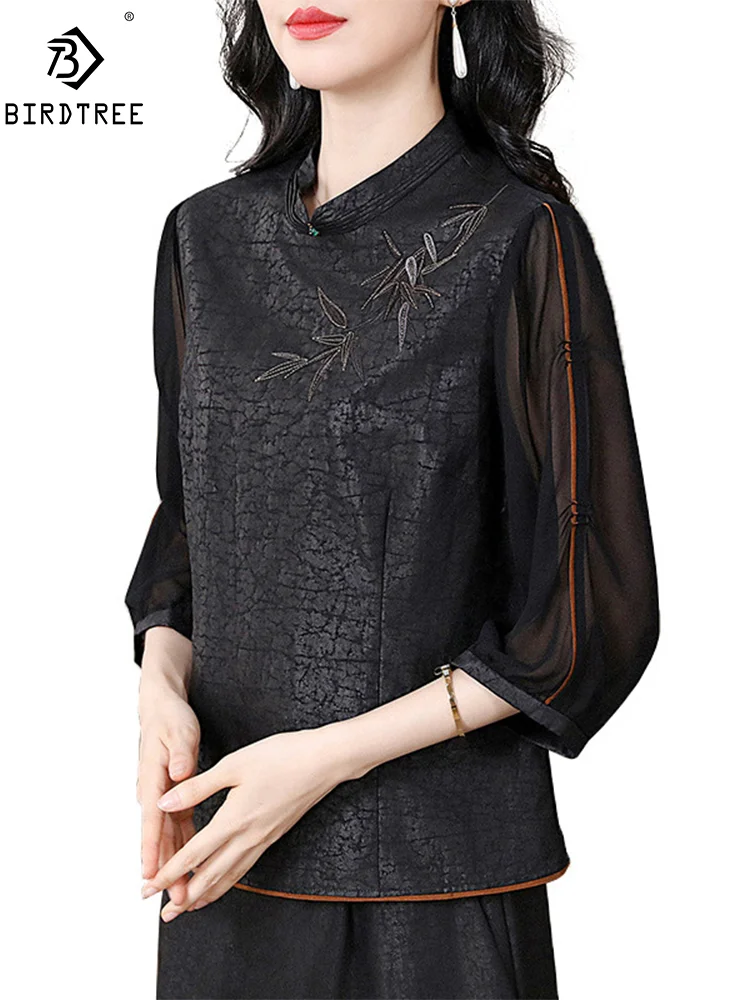 BirdTree, Watered Gauze Silk Elegant T-Shirt, Women Half Sleeve Embroidery, Loose Vintage Blouses, 2024 Summer Autumn T46059QM