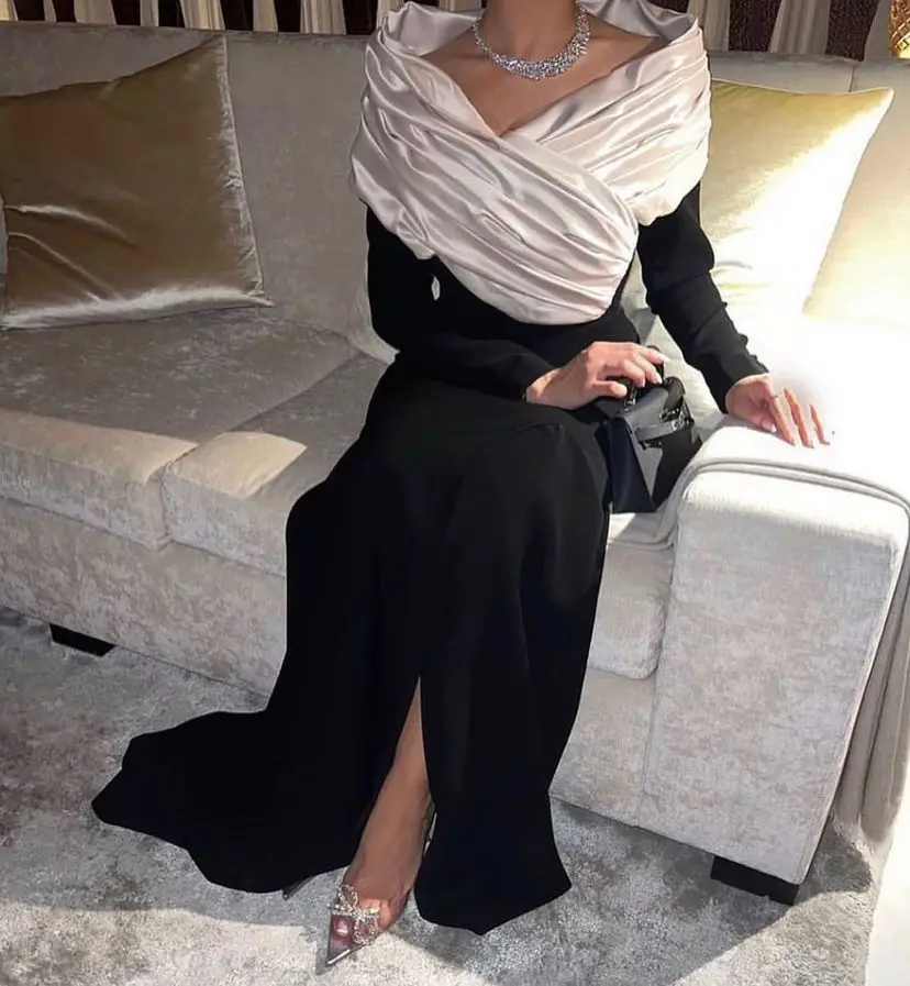 Fashionvane Customized Vestidos Evening Dresses Ruched V Neck Long Sleeves Prom Party Saudi Arabia Birthday Special Gowns