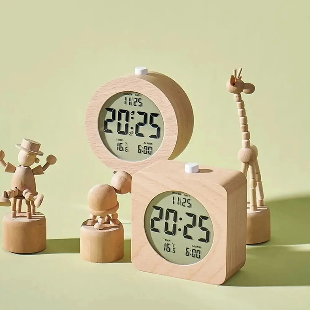 

Round/Square Wooden Alarm Clock Silent Nordic Style LCD Digital Table Clock Date Temperature Display with Backlight
