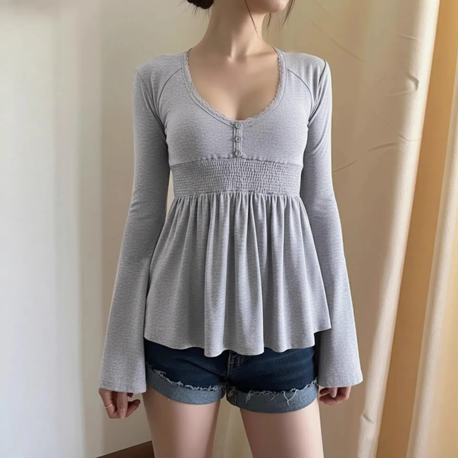 Women's Fairy Y2k T-shirt Comfortable Round Neck Long Sleeve National Fashion Shirt Low Neck Bell Sleeve Waist Strap A-line Top