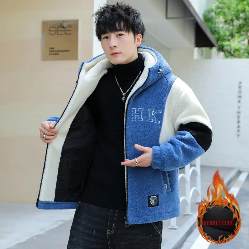 

Men's Thiened Hooded Particle Fce Jaet Autumn Winter Sle Casual Faion Warm Polyester Fabric Coat for Daily Use