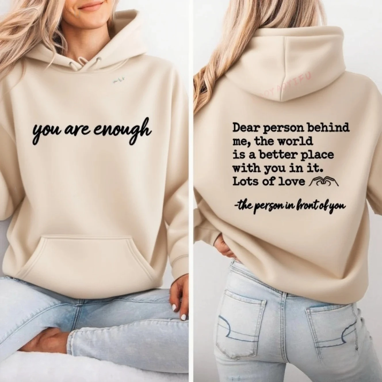 Du bist genug, lieber Mensch hinter mir, beidseitiger Hoodie, Hoodie mit Positivität auf Vorder- und Rückseite, Sweatshirt zur Suizidprävention – Detail 14