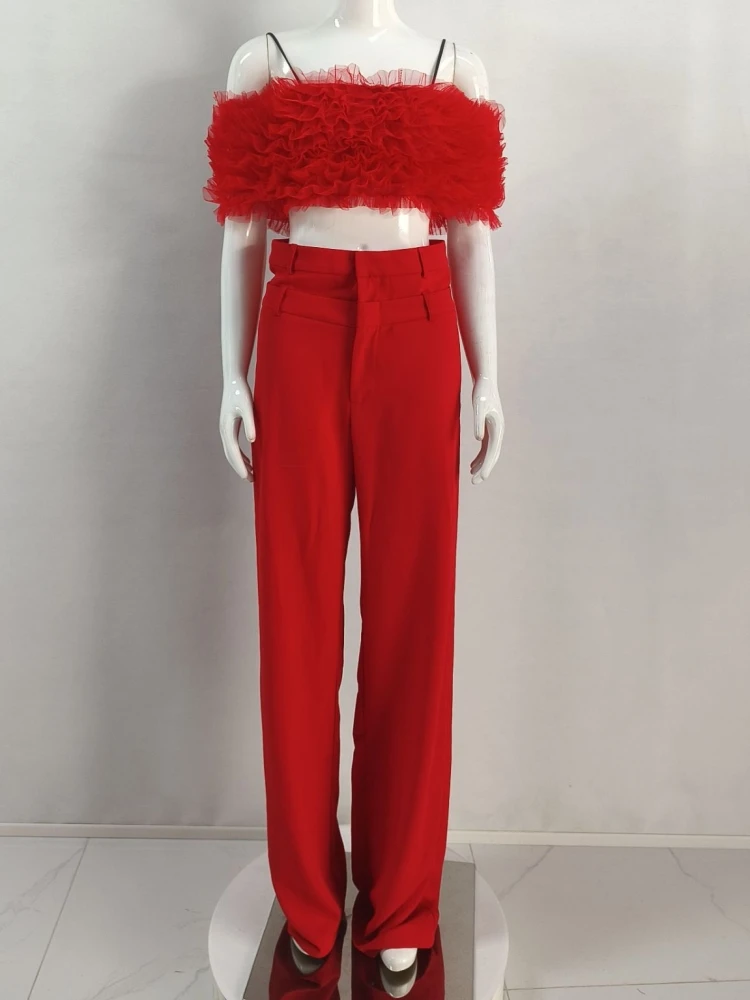 Sexy Red Black Pants 2-Piece Set Women Spaghetti Straps Mesh Layered Ruffles Crop Top + Pants Suits Evening Party Cocktail Sets