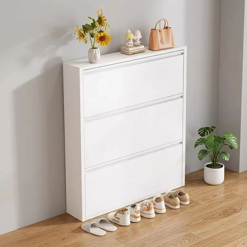 Steel Shoe Cabinet Ultra Thin Entryway Shoe Storage Organizer Unit with 3 Tipping Buckets for Home Living Room Space Saving