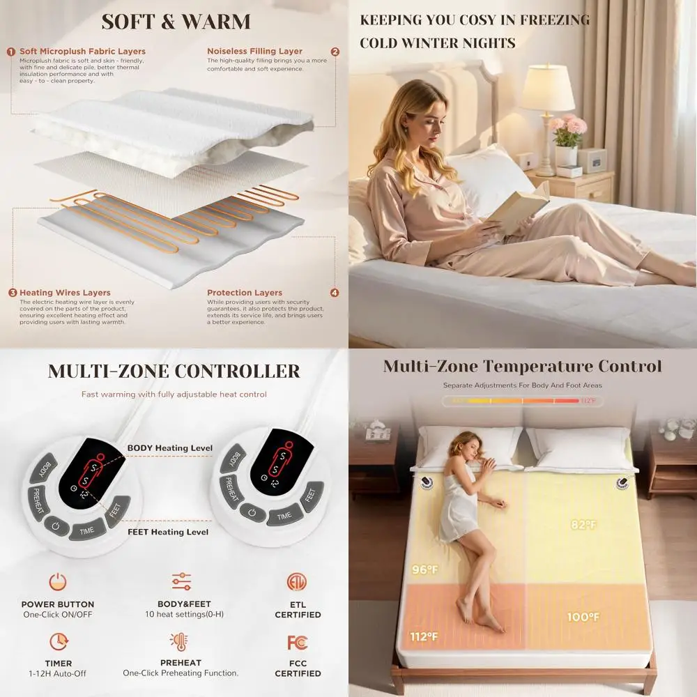 Queen Size Electric Mattress Pad - 10 Heat Levels, 12-Hour Auto Off, Independent Heating, Machine Washable