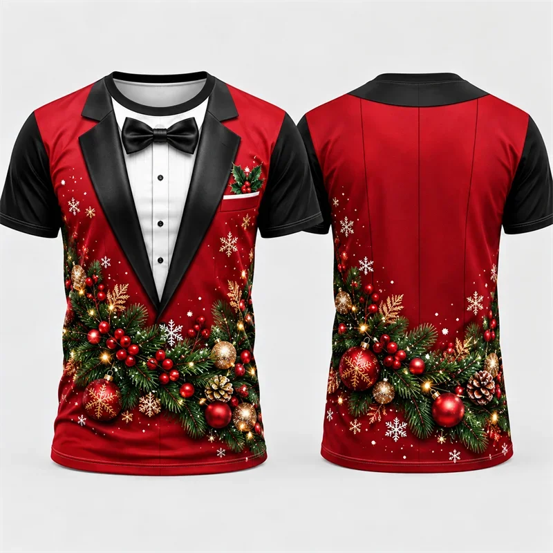 2026 Fashion New Christmas Suit Graphic Tshirt Pine Ball Snowflake Holiday Party Short Sleeve Top Fake Tuxedo Novelty T-Shirt