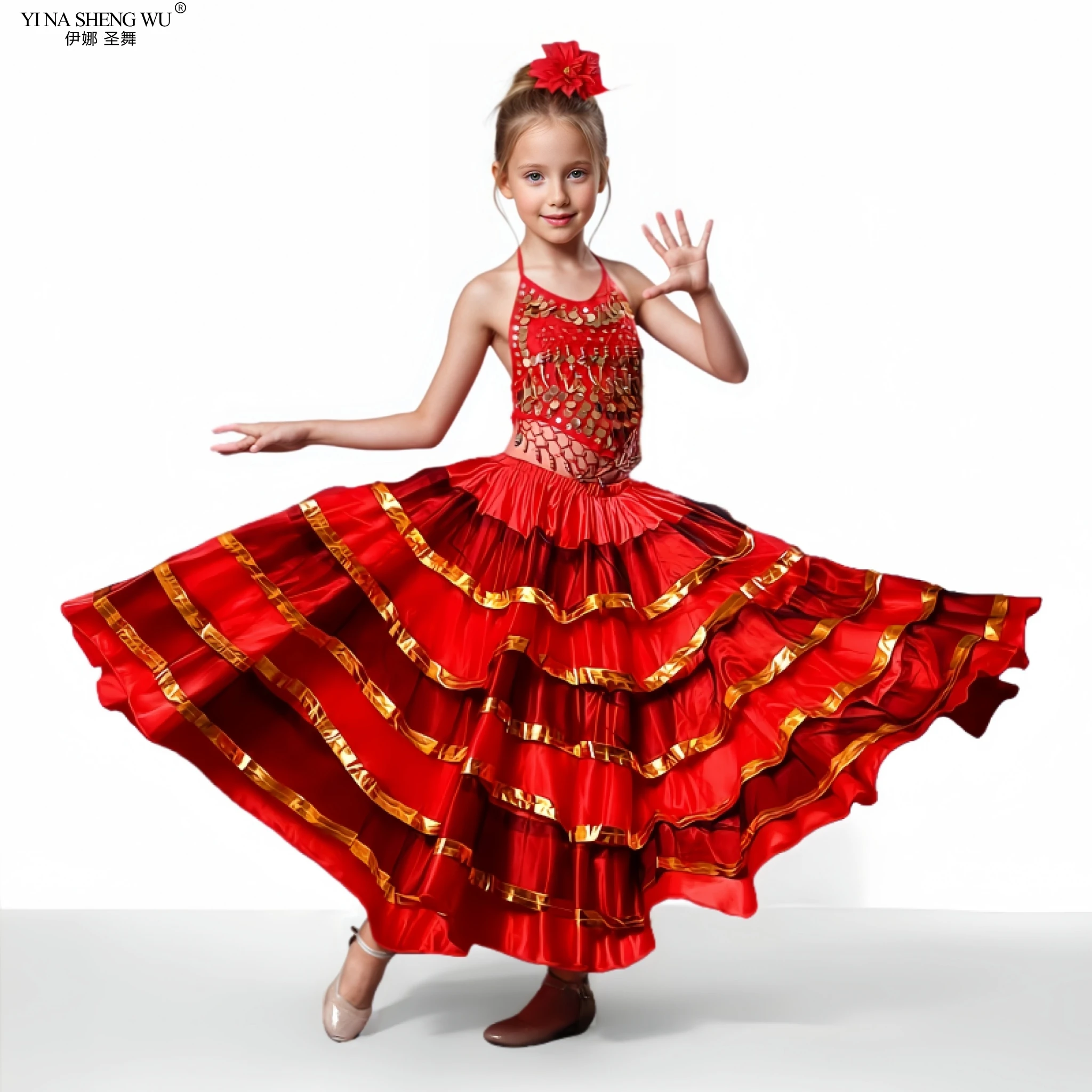 Robe de danse longue rouge Style Flamenco pour filles, Costume espagnol, jupe de salle de bal noire pour enfants, vêtements de danse 180/360/540/720 degrés