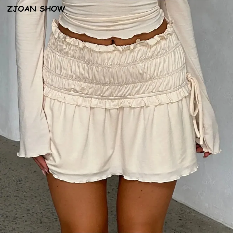 

2024 Fashion Ruched Elastic Waist Swing Mini Skirts Wood ears Package hips A-line Skater Skirts Apricot Black