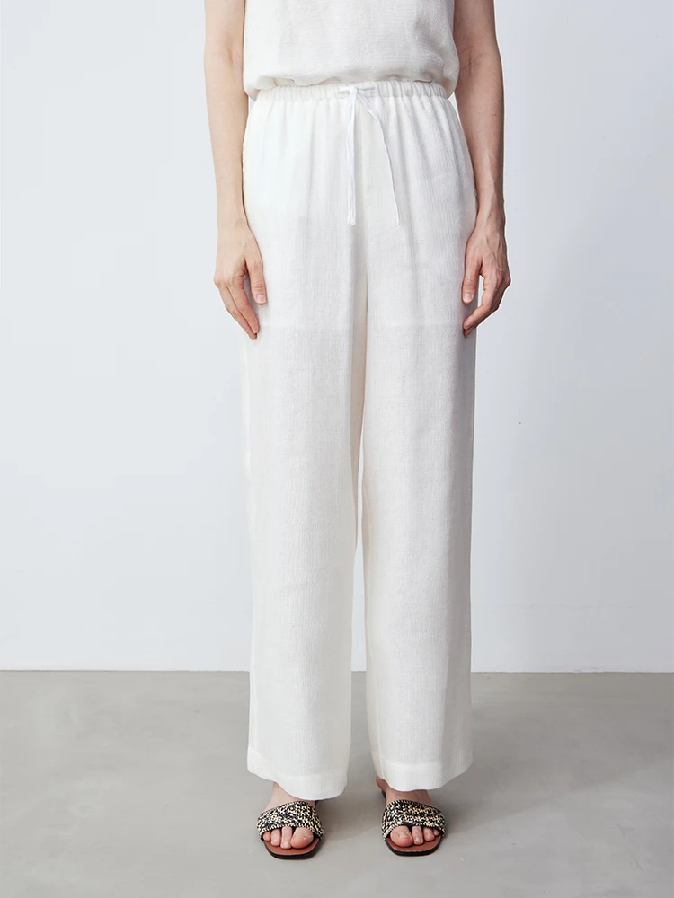 

LIAC ROC 25 Summer New Linen Comfortable Soft Tailored Straight Leg Pants White Versatile Belted Long Trousers Women