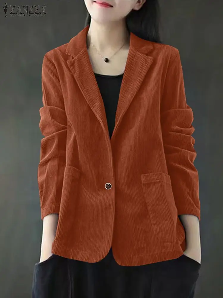 Zanzea koreanische Mode Cord Blazer einfarbig lässig lose Frauen Revers Hals Anzug Jacken elegante Langarm Outwear Tops