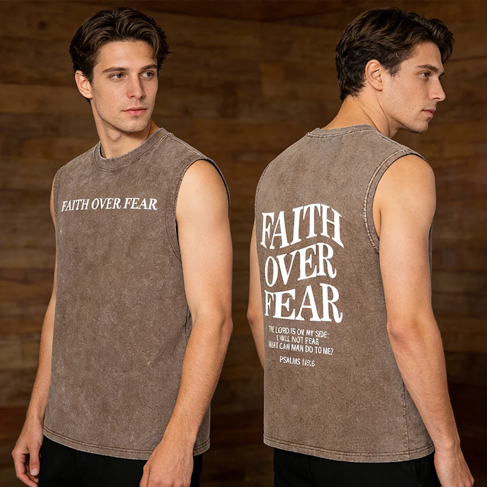 Summer Men's Casual Gym Vintage Washed Crew Neck Tank Top Streetwear Distressed Cotton Sleeveless Tee Faith Over Fear Christian