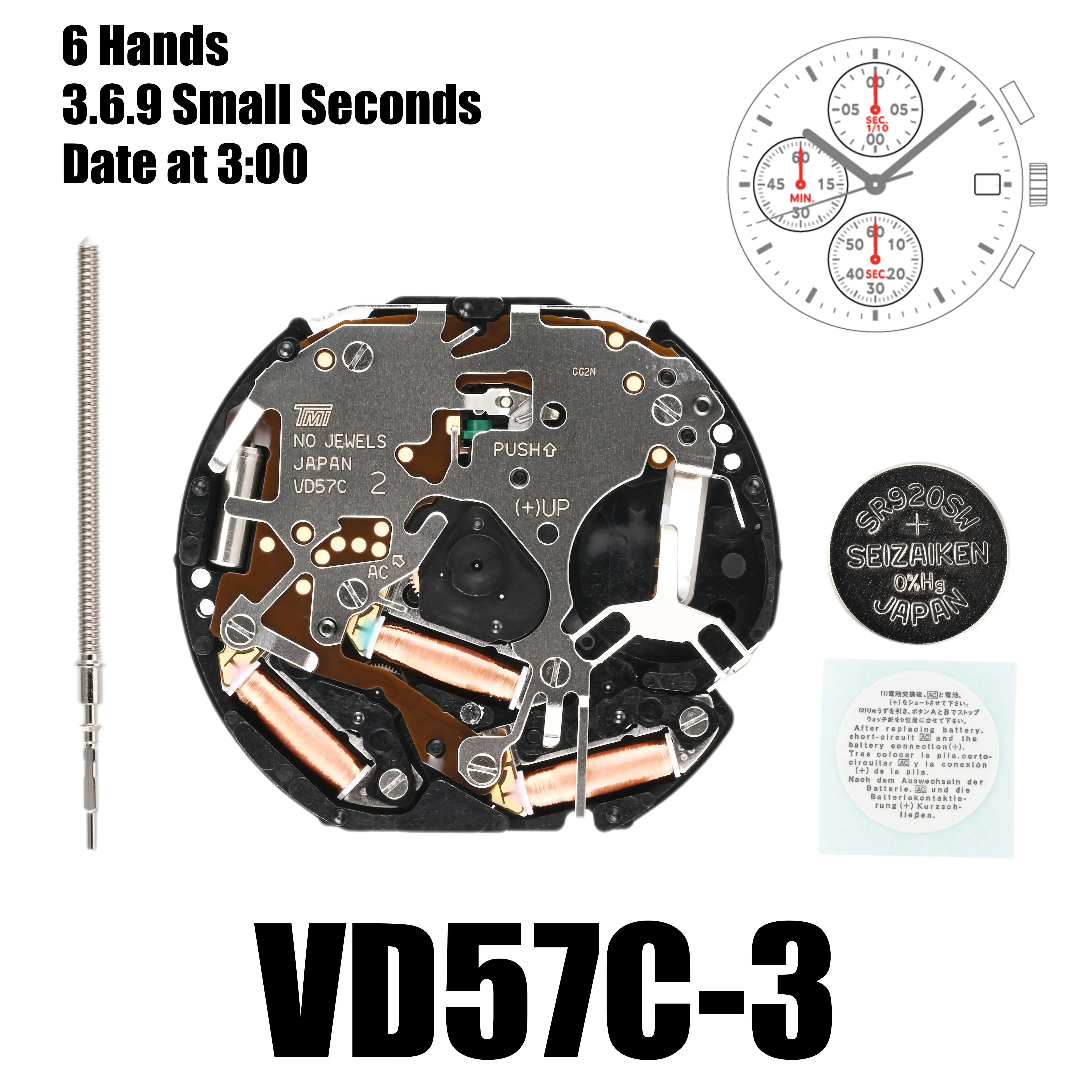 นาฬิกาควอทซ์เคลื่อนไหวแบบ VD57 VD57C 6มือ6/9/12วินาทีเล็กๆกลไกนาฬิกาญี่ปุ่นใหม่ต้นฉบับใหม่
