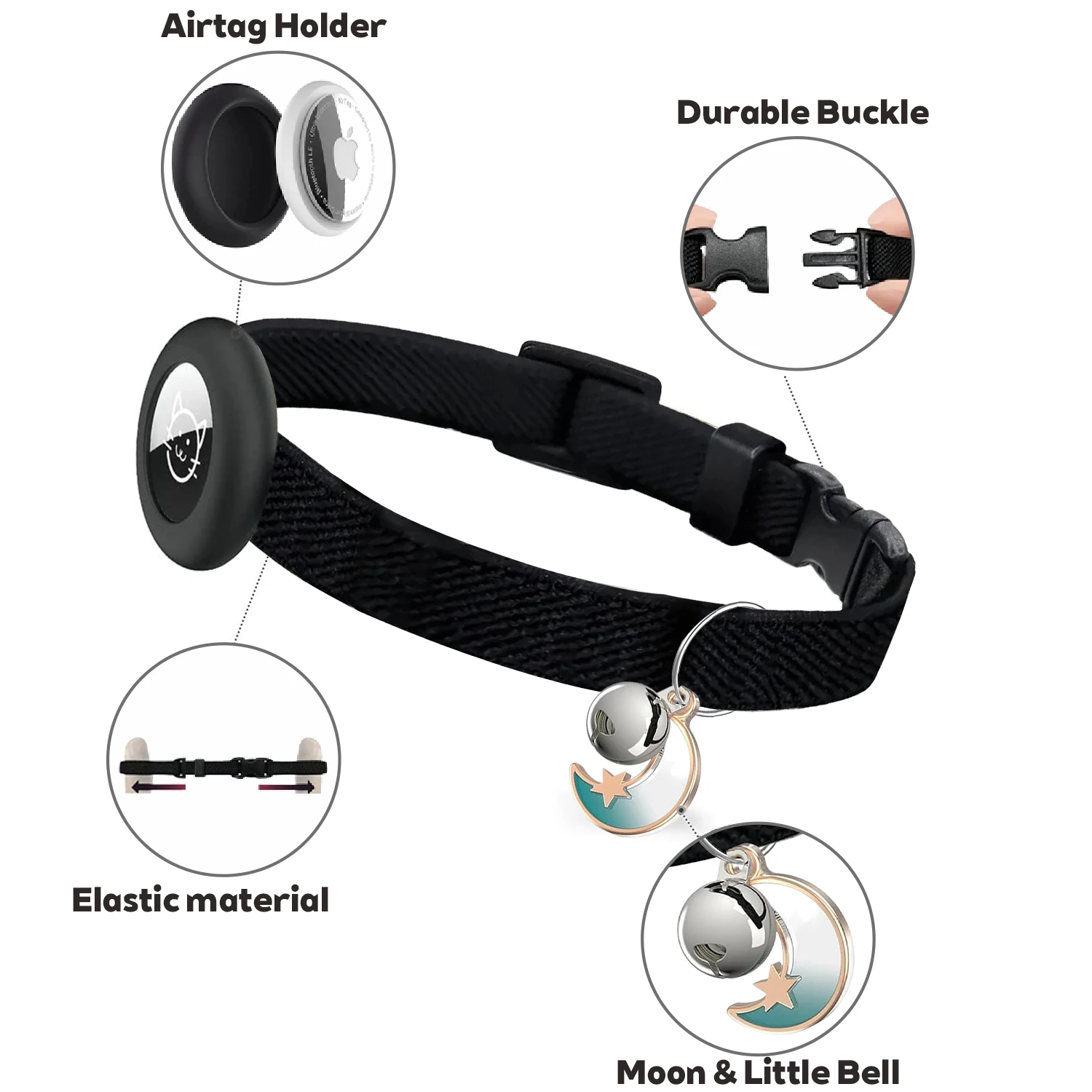 AirTag Cat Collar for Apple Tag, Anti-Lost GPS Tracker Protective Case Fashion Elastic Kitten Collar with Bell & Moon for Cats