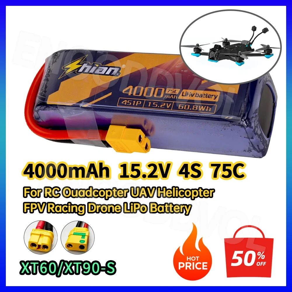 2Pc 4000mAh 4S 14.8V 75C XT60/XT90-S LiPo Battery for RC Quadcopter Helicopter FPV Racing Drone Spare Parts Rechargeable Battery