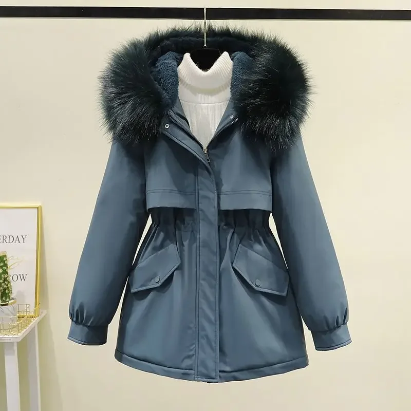 Autumn Winter 2023 Women Zipper Fur Collar Full Sleeve Mid Length Coats Solid Parkas Tight High Waist Casual Pockets Jackets