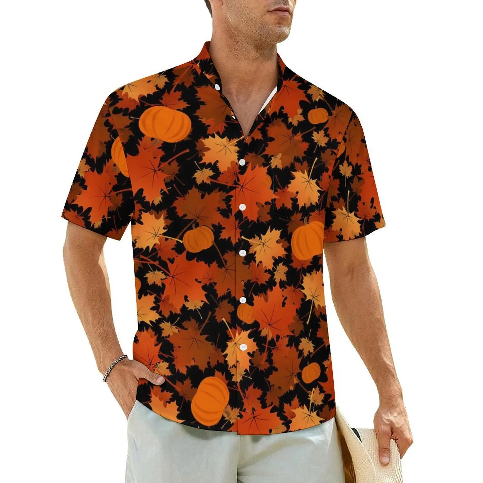 

Pumpkin Print Beach Shirt Maple Leaves Hawaiian Casual Shirts Men Retro Blouses Short-Sleeve Y2K Funny Custom DIY Clothes