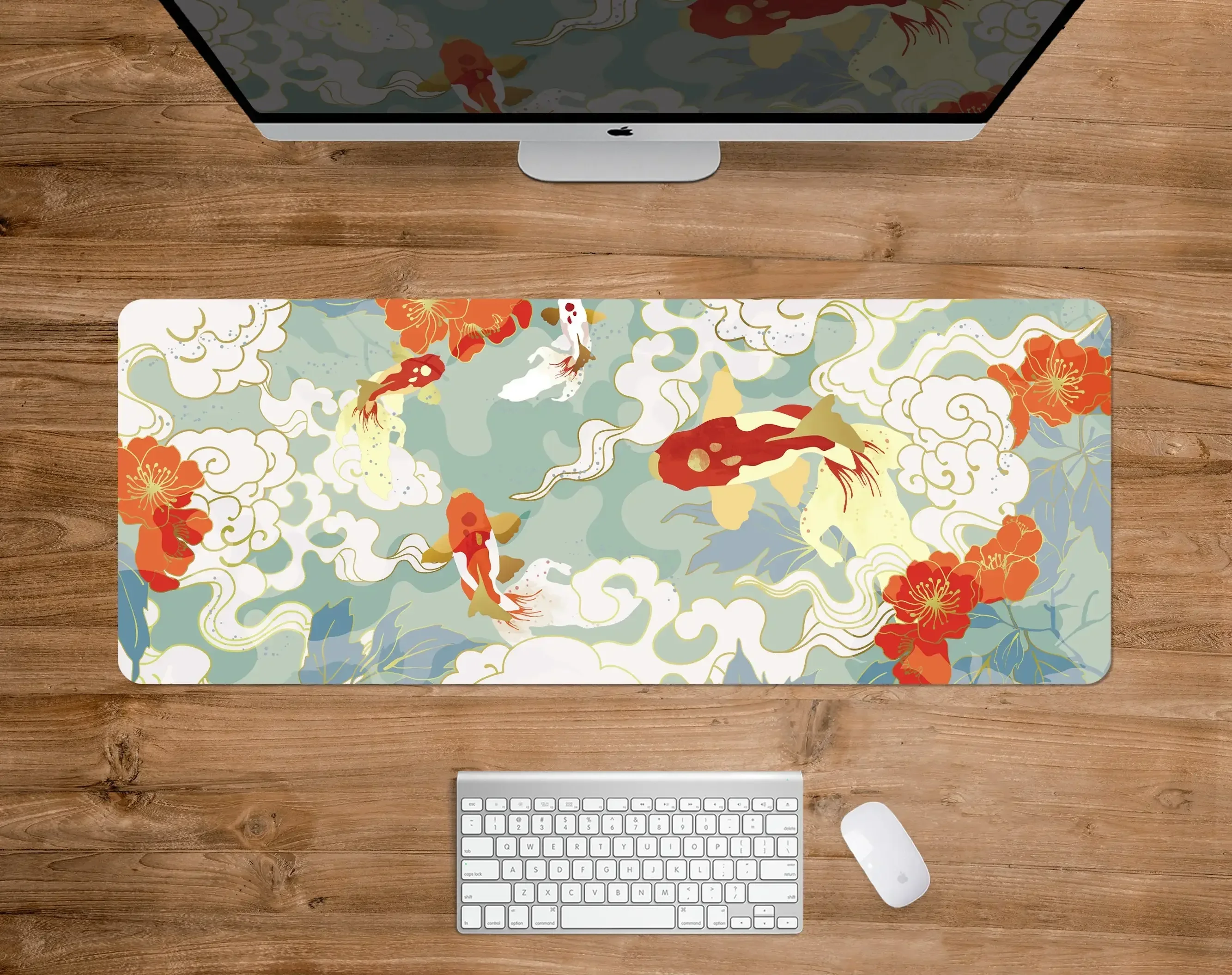 Japan Mousepad Koi Desk mat Minimal Japan Cushion Gold Blue Anime Aesthetics XXL Gaming Deskmat Nature Large Mouse Pad 90x40