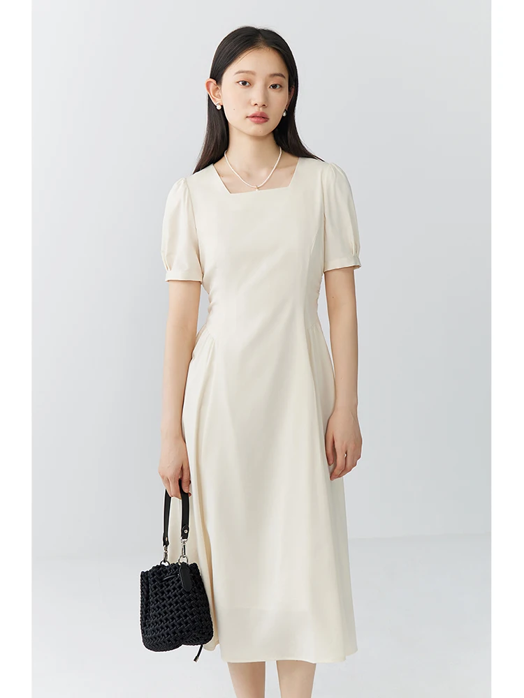 ZIQIAO Elegant French Hepburn Style Waist-cinching White Dress for Women 2024 New Summer Simple Sense Long Dress Female