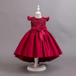 HETISO Girls Elegant Dresses Sequined Long Festive Dress for Girl Red Satin Children's Princess Christmas Prom Gown 2-10T