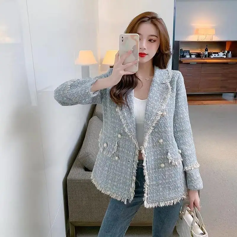 

Women's blue suit with a lapel jacket top, new spring and autumn tweed outerwear