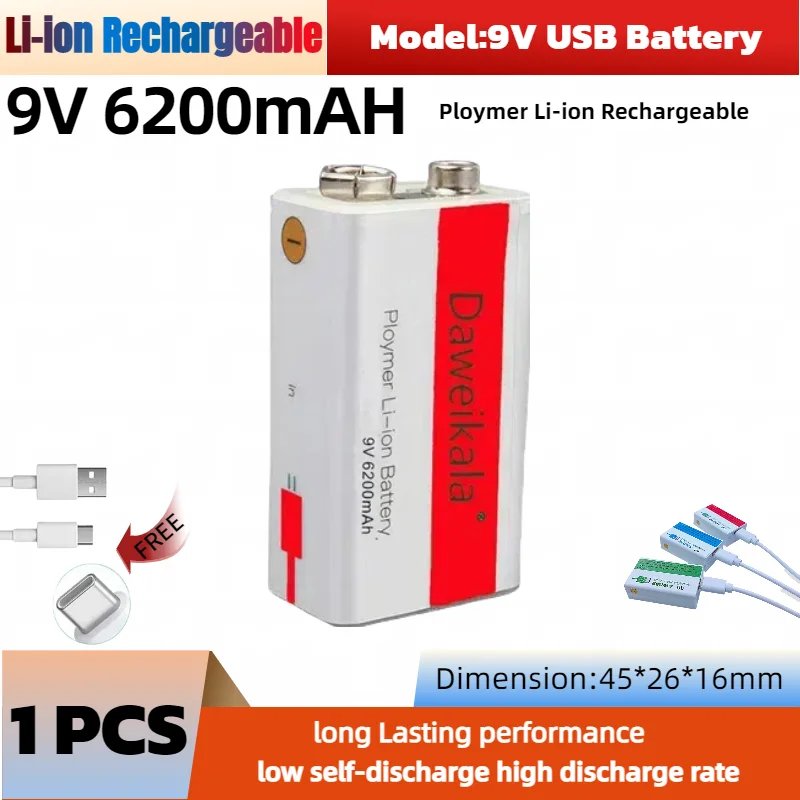 Batería de litio recargable de 28000mAh, 6900mAh, 9V, carga USB para micrófono/detector de humo/pedal de guitarra/radio de larga duración