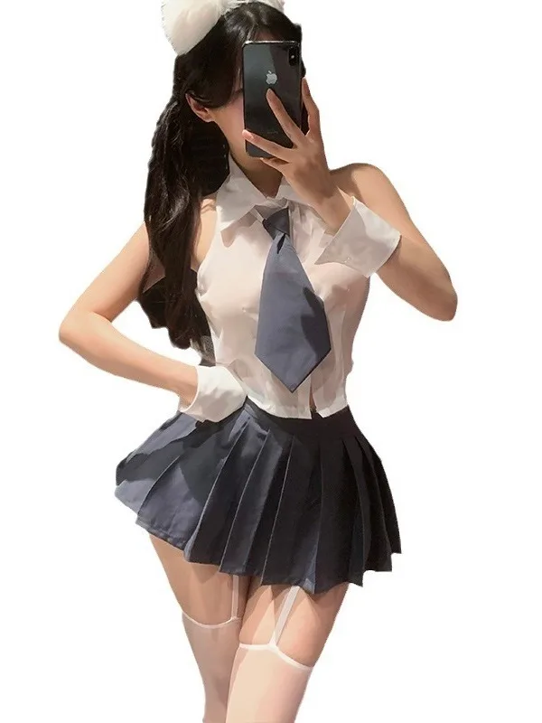 Exotic Summer Fashion Womens Clothing Perspective Sweet Cute College Style Suit Tie Decoration Hundred Fold Short Skirt Set 7E2I